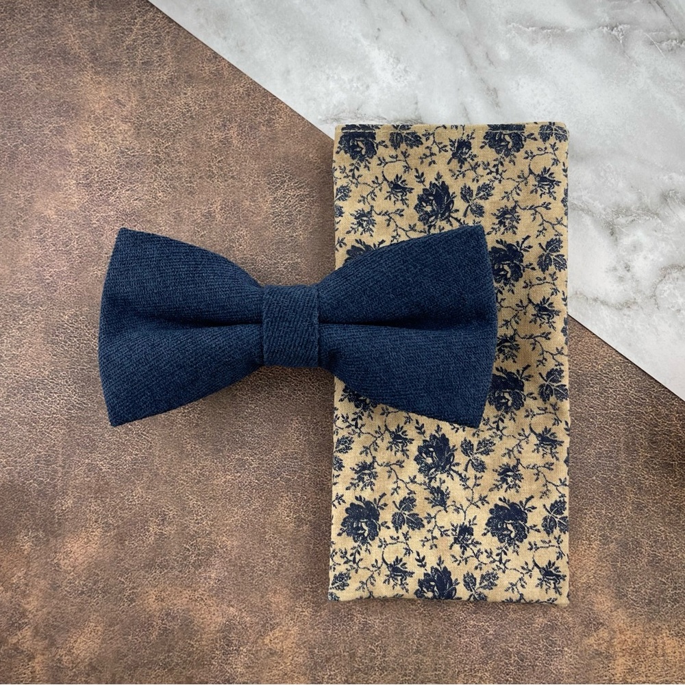 Men’s Navy Velour Bow Tie & Rustic Floral Print Pocket Square